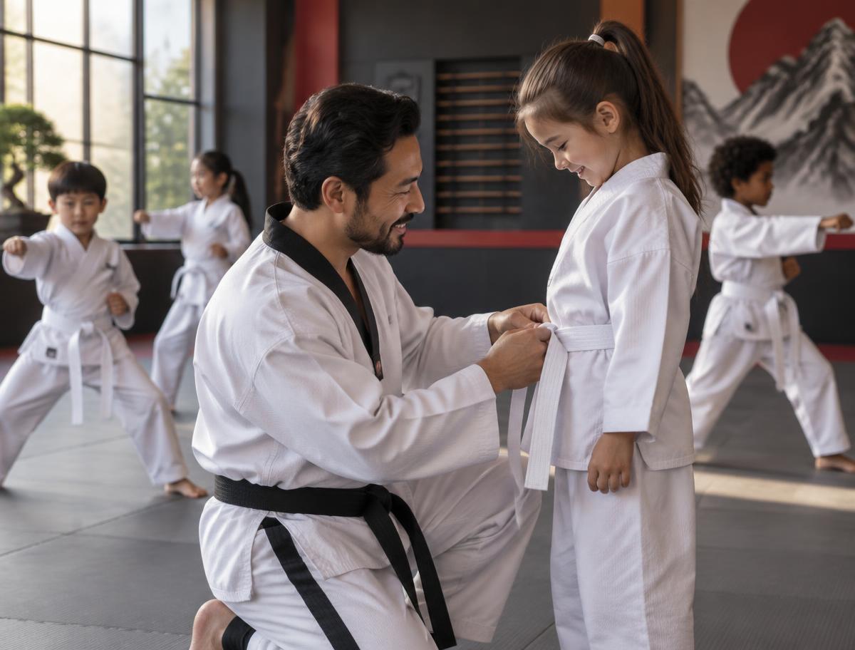 Instructor helping a young Taekwondo student with their belt